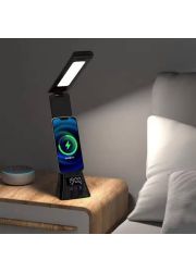 Настільна лампа LED з годинником та бездротовою зарядкою для телефону Wi-light 2088. Чорна