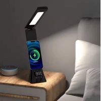 Настільна лампа LED з годинником та бездротовою зарядкою для телефону Wi-light 2088. Чорна