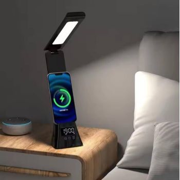 Настільна лампа LED з годинником та бездротовою зарядкою для телефону Wi-light 2088. Чорна