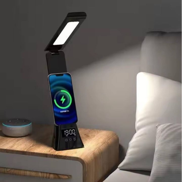 Настільна LED лампа з бездротовою зарядкою, годинником та будильником Wi-light 2088. Чорна